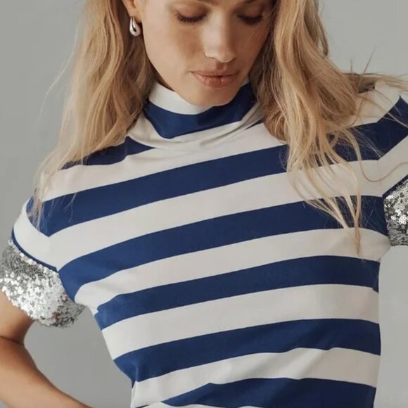Maeve Anthropologie Sequin Sleeve Striped Baby Tee - Size M - Picture 13 of 13